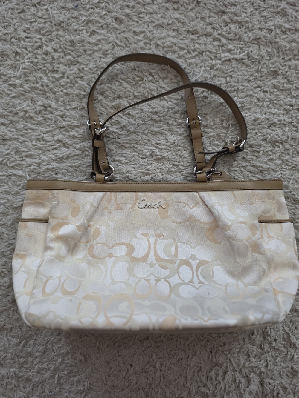 Coach Cream Signature Canvas Shoulder Bag with Tan Trim